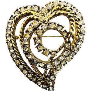 HATTIE CARNEGIE Signed Vintage Heart Gold-tone Clear Rhinestone Brooch Pin Jewel